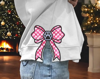 Pink Plaid Dog Mom Side Bow Applique Sweatshirt Embroidery Design, Cat Mom Side Bow, Dog Mama Embroidery Design, Pet Bow Applique Design