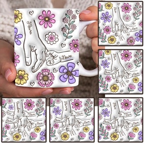Bundle Custom Mamas Hand halten 3D Aufgeblasene Effekt Tasse Design, Muttertag Blumenbecher, Mama Blumenkaffeetasse Png, Omas Hand halten
