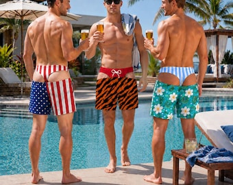 Grappige zwembroek voor heren, zwemshorts op maat, strandbroek met nep-ondergoedprint, outfit voor een zwembadfeestje, cadeau voor hem, zomergrapcadeau voor mannen