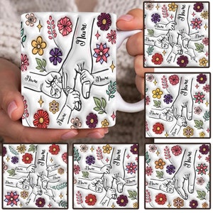 Bundle Custom Mamas Hand halten 3D Aufgeblasene Effekt Tasse Design, Muttertag Blumenbecher, Mama Blumenkaffeetasse Png, Omas Hand halten