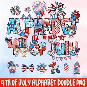 Paquete de alfabeto patriótico con garabatos, alfabeto del 4 de julio (PNG), diseño de conjunto Alpha America, imágenes prediseñadas de números y caracteres, sublimación en rojo, blanco y azul.