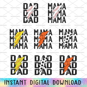 Bundle Baseball Mama und Papa Png, Beleuchtung Bolt Png, Softball Design, Fußball Sublimation Png, Basketball Png, Geschenk für Mama, Papa, Muttertag