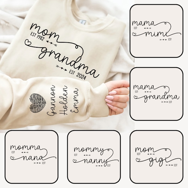 Bundle Custom Mom Grandma Est Year Svg, Retro Mama Svg, Grandma Est Sweatshirt, Mama With Kid Name on Sleeve, Mother's Day Svg, Gift For Mom