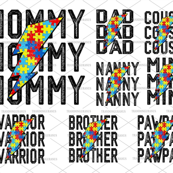 Bundle Autism Mommy Stacked Distressed Png, Autism Family Matching Shirt, Dad Autism Awareness Png, Autism Puzzle Piece Lightning Bolt Png