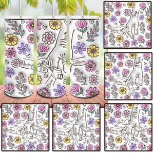 Personalisiertes Tumbler-Design mit aufgeblasenem 3D-Effekt „Holding Mom‘s Hand“, 20oz Skinny Tumbler Png mit Blumenmotiv zum Muttertag, „Holding Mama‘s Hand Tumbler“.