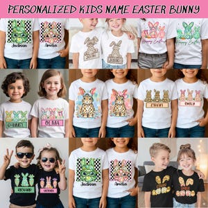 May include: A collection of white and black t-shirts with Easter bunny designs. Some shirts feature names like "Jackson" and "Amelia," while others have "Happy Easter" or other names. The shirts are for kids and have colorful graphics.