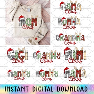 Paquete de nombre personalizado en la manga Png, Mamá Claus Png, Mamá Navidad Png, Nombres de niños Navidad Png, Navidad Png, Diseño de sublimación de Navidad