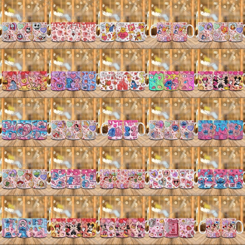 May include: A collection of ceramic mugs with various cartoon character designs, including Stitch, Winnie the Pooh, and Mickey Mouse. The mugs feature heart and Valentine's Day themed patterns in pink, red, and white. The mugs are displayed on a wooden surface.
