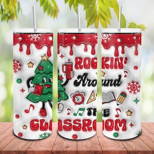 Bicchiere sottile da 20 once, 3D gonfiato, Rockin intorno all'aula, Png di Natale dell'insegnante, Involucro del bicchiere di Natale da 20 once, Albero di Natale, Vacanze di Natale