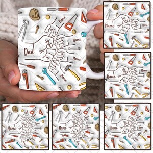 Individuelles Bundle für bis zu 6 Kinder, die Papas Hand mit 3D-Effekt halten, Kaffeetasse als Vatertagsgeschenk vom Baby, 325-ml-Tasse mit Fauststoß an der Hand des Vaters