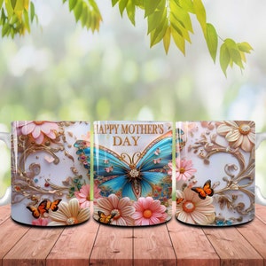 Bonne fête des mères Mug 3D effet gonflé, effet fleur 3D, enveloppe de tasse florale de 11 oz pour la fête des mères, tasse à café fleur de maman et papillon
