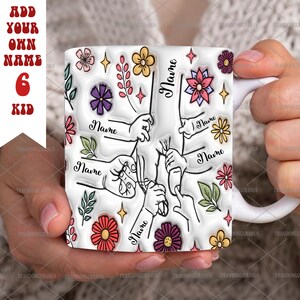 Benutzerdefinierte haltende Mamas Hand und 6 Kinderhände Png, 3D-aufgeblasenes Mama-Effekt-Becherdesign, Muttertags-Blumentasse, haltende Omas Hand Png