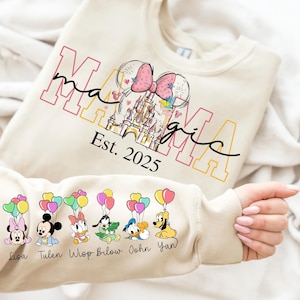 Mama Mouse Est 2025 PNG, Mama Magic personalizada com nome da criança na manga, Camiseta de família combinando com mouse PNG, Mãe e bebê PNG, Design de família