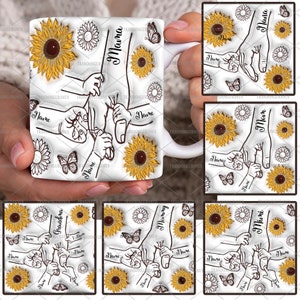 Maßgeschneidertes Paket für bis zu 6 Kinder, die Mamas Hand halten, 3D-Tasse mit aufgeblasenem Effekt, PNG, Omas Hand haltend, Mama-Blumentasse mit 325 ml Fassungsvermögen, Muttertags-Blumentasse