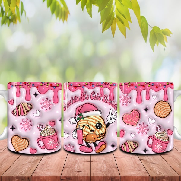 3D Inflated Conchita It's Cold Outside 11oz Mug Wrap, 3D Puff Pink Christmas Coffee Mug, Xmas Conchas Mexicanas, Conchas Belt Bag Mug Wrap