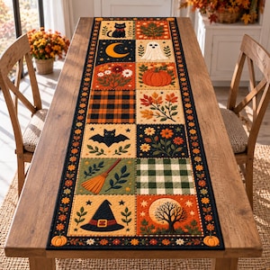 Halloween-quiltad bordslöpare, blommig cottagecore spökpumpa-borddekoration, lapptäcksmatsdekoration, Halloween-present, kuslig heminredning