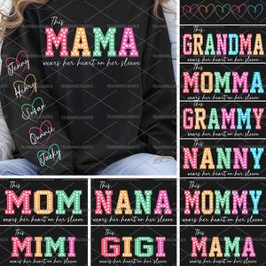Pacote personalizado Esta mamãe/vovó/nana usa seu coração na manga Svg, Dia das Mães, Coração de mamãe Svg, Moletom de mãe com nomes de crianças Svg