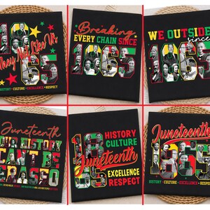 Op de afbeelding: Zes zwarte t-shirts met grafische prints in het thema Juneteenth. Elk shirt toont historische figuren, het jaartal 1865 en teksten zoals Breaking Every Chain Since 1865, We Outside Since 1865 en Our History Can't Be Erased in rood, groen en geel.
