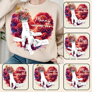 Gepersonaliseerd maximaal 6 kinderen bloemen Moederdag hand in hand png, baby peuter kind Nana hand png, Moederdag bloemen png, mama we houden van je