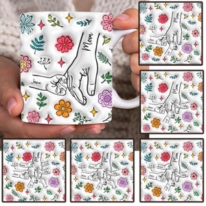 Maßgeschneidertes Paket für bis zu 6 Kinder, die Mamas Hand halten, 3D-Tasse mit aufgeblasenem Effekt, PNG, Omas Hand haltend, Mama-Blumentasse mit 325 ml Fassungsvermögen, Muttertags-Blumentasse
