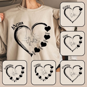 Bundle coeur de maman personnalisé avec nom d'enfant, Svg main de maman, amour de grand-mère, fête des mères, mains de maman et enfant coeur Svg, cadeau pour grand-mère