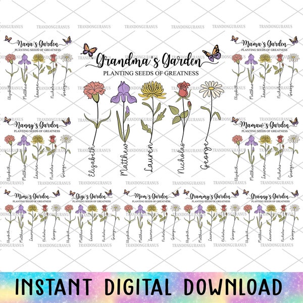 Bundle Custom Grandma's Garden Png, DIY Birth Month Flower, Mama's Garden Flower Png, Happy Mother's Day, Watercolor Floral, Grandma Gift