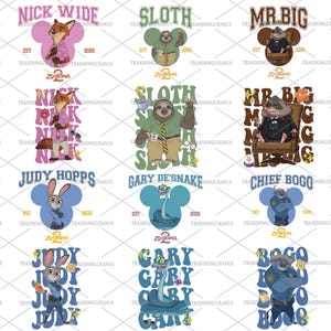 Puede incluir: Una colección de diseños de personajes de Zootopia, incluyendo a Nick Wilde, Sloth, Mr. Big, Judy Hopps, Gary DeSnake y Chief Bogo. Cada diseño presenta una ilustración del personaje con texto, sobre un fondo con forma de orejas de Mickey Mouse.