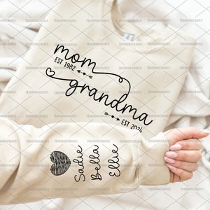 Personalizado Mom Grandma Est Year Svg, Retro Mama Svg, Feliz Dia das Mães, Moletom Grandma Est, Mama com nome de criança na manga Svg, presente para mamãe