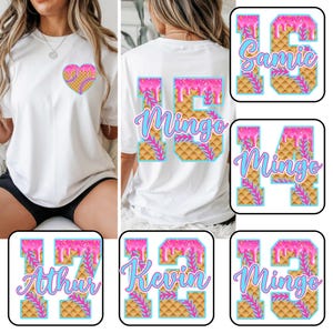 May include: Six different designs for iron-on t-shirt transfers. Each design features a number, a name, and a waffle cone with pink ice cream dripping down the sides. The waffle cone is decorated with pink and green leaves.