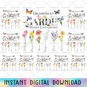 Bundle Personalisierte Omas Garten Png, Oma Schmetterling, DIY Geburtsmonat Blume Png, Aquarell Floral, Muttertag Png, Geschenk für Mama