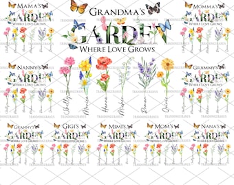 Bundle Personalized Grandma's Garden Png, Grandma Butterfly, Diy Birth Month Flower Png, Watercolor Floral, Mother's Day Png, Gift For Mom