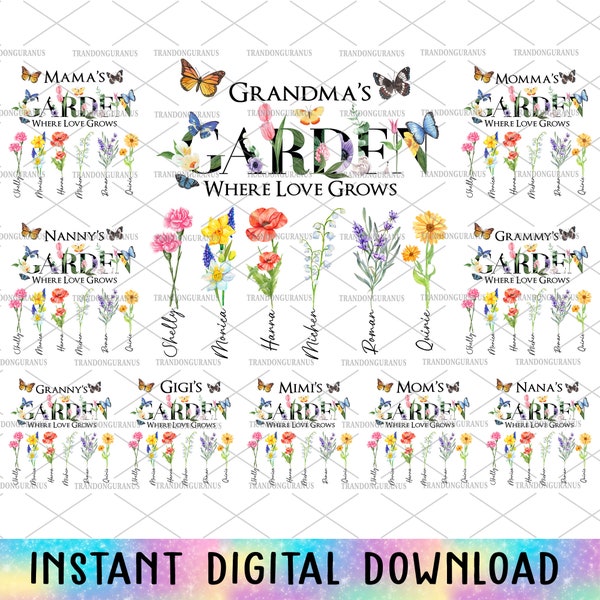 Bundle personnalisé jardin de grand-mère Png, grand-mère papillon, bricolage mois de naissance fleur Png, aquarelle florale, fête des mères png, cadeau pour maman