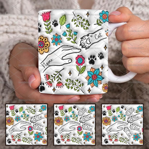 Personalized Paw And Hand 3D Inflated Effect Mug Design, Mama Flower Coffee Mug Png, Cat Lover, Mother's Day Floral Mug, Holding Mom's Hand