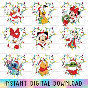 Può includere: Un download digitale di dieci immagini a tema natalizio con vari personaggi Disney che indossano cappelli di Babbo Natale e sono circondati da luci natalizie colorate. I personaggi includono Topolino, Minnie Mouse, Paperino, Pippo, Pluto, Stitch, Winnie the Pooh e Baby Yoda.