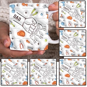 Benutzerdefinierte 1-6 Kinds Hands 3D-Tasse mit aufgeblasenem Effekt, PNG, You Hold Our Hands-Tasse, Papa-Tasse-Geschenk, Herz-Händchen-Tasse, Vatertag 11oz-Tassenverpackung