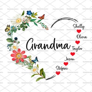 Pacote de coração de vovó personalizado com nome de netos Png, Mama Love Png, Feliz Dia das Mães, Coração personalizado Png, Vovó Floral, Presente de Vovó