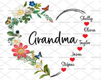 Paquete personalizado de corazón de abuela con nombre de nietos png, mamá amor png, feliz día de la madre, corazón personalizado png, abuela floral, regalo de abuela