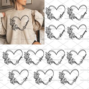 Bundel oma hart SVG, Mama bloem SVG, moeder leven SVG, cadeau voor oma, Moederdag, bloemen en hart SVG, Cricut cut-bestand, sublimatie