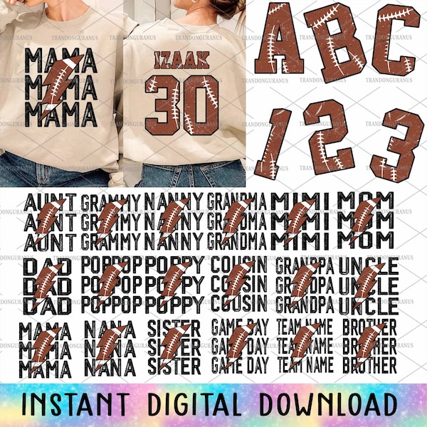 Bundle Personalized Football Mama Png, Mom Lightning Bolt Png, Football Game Day, Happy Mother's Day Png, Football Number And Alphabet Png