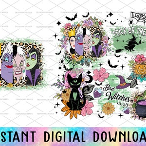 Paquete Retro Floral Halloween Png, Feliz Halloween Png, Truco o Trato, Flor de Otoño, Chicas Malas Png, Villanos Malvados, Club de Brujas Malas Png
