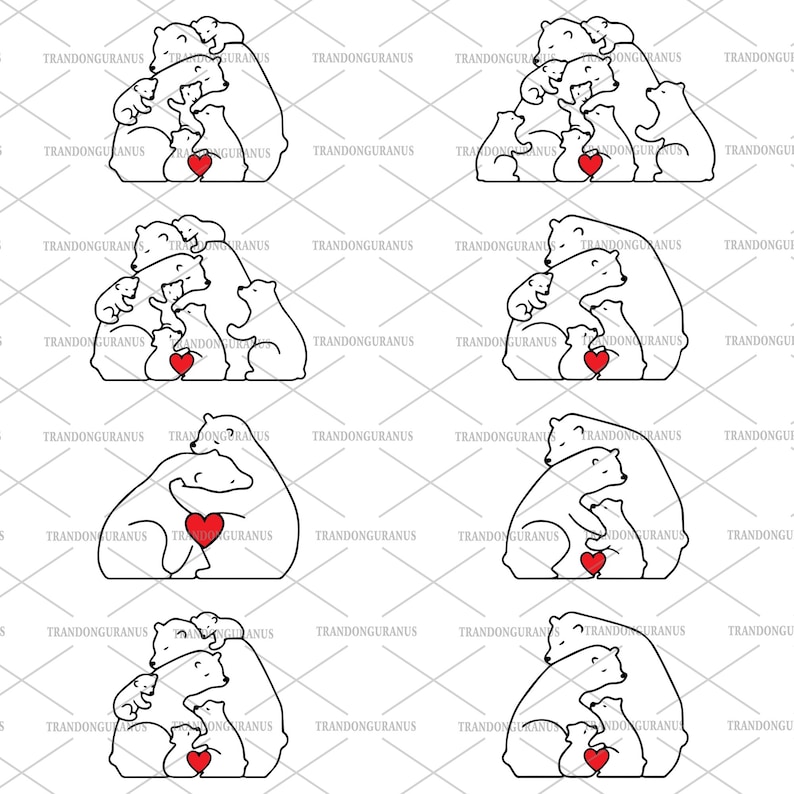 May include: A digital illustration of a family of polar bears huddled together in a heart shape. The bears are all white and outlined in black. The heart is red.