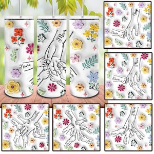 Design de copo com efeito inflado 3D personalizado segurando a mão da mãe, copo magro floral de 20 onças para o dia das mães Png, copo para você segurar nossas mãos
