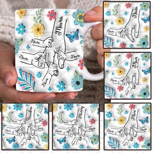 Bundel op maat tot 6 kinderen met moeders hand 3D opgeblazen effect mok Png, met oma's hand, Mama Floral 11oz mok, Moederdag bloemen
