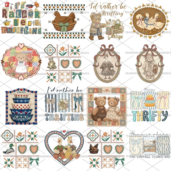 Vintage Thrifted Png Bundle, 90s Inspired, Grandma Core Png, Cottagecore Folk Art Design, Boutique Style, Cozy Retro Animals, Granny Sweater
