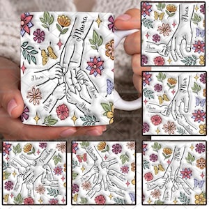 Maßgeschneidertes Paket für bis zu 6 Kinder, die Mamas Hand halten, 3D-Tasse mit aufgeblasenem Effekt, PNG, Omas Hand haltend, Mama-Blumentasse mit 325 ml Fassungsvermögen, Muttertags-Blumentasse