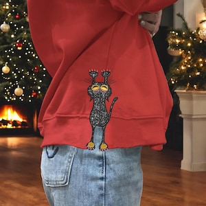Design de apliques de moletom com lado de gato preto, design de bordado de gato, bordado de apliques de animais, animais da floresta, design de bordado de gato preto