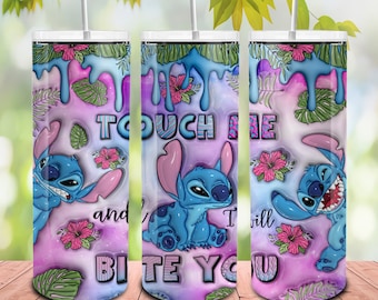 Diseño de vaso de café con flores de hojaldre 3D, tócame inflado en 3D y te morderé vaso flaco de 20 oz, sublimación de envoltura de vaso de dibujos animados de 20 oz