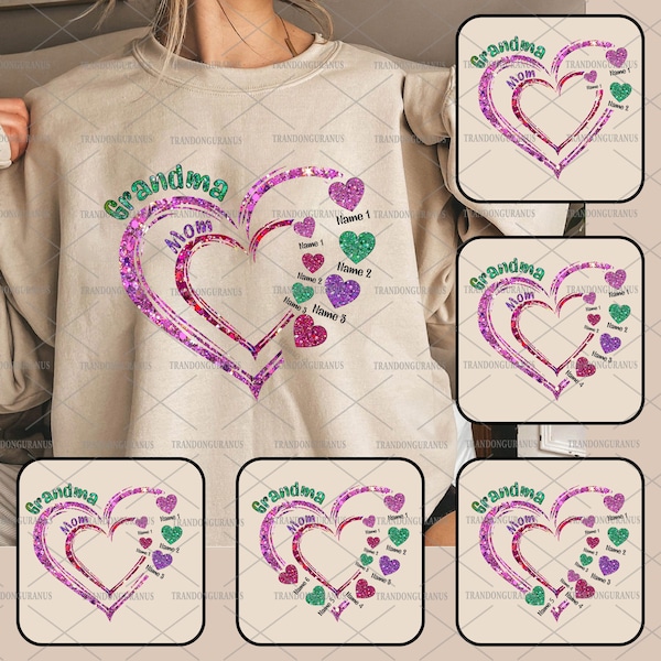 Custom Grandma Heart Png, Mom Heart With Kids Name Png, Happy Mother's Day, Customized Heart Png, Mama Love Glitter Faux Sequin Design Png
