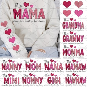 Personalizado Esta mamãe usa seu coração na manga, Dia dos Namorados personalizado, Laço de coquete de mamãe Valentine, Dia dos Namorados Png, Giltter Valentine