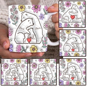 Maßgeschneidertes Bundle für bis zu 6 Kinder, die Mamas Hand halten, 3D-Tasse mit aufgeblasenem Effekt, PNG, Mama-Blumentasse, 325 ml, Muttertag, Blumenmuster, Omas Hand haltend